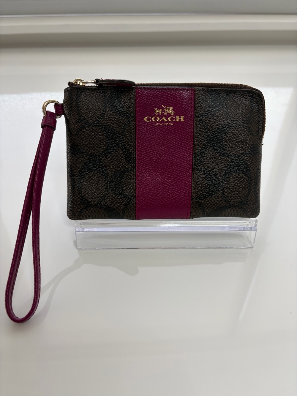 Coach Brown Signature Canvas Wristlet with Berry Stripe